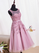 Pink Tulle Appliques Pearls Homecoming Dress