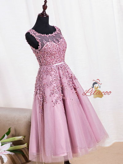 Pink Tulle Appliques Pearls Homecoming Dress