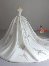 White Ball Gown Satin Beading Strapless Wedding Dress