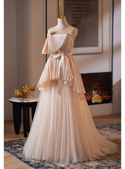 Champagne Tulle Backless Pleats Wedding Dress