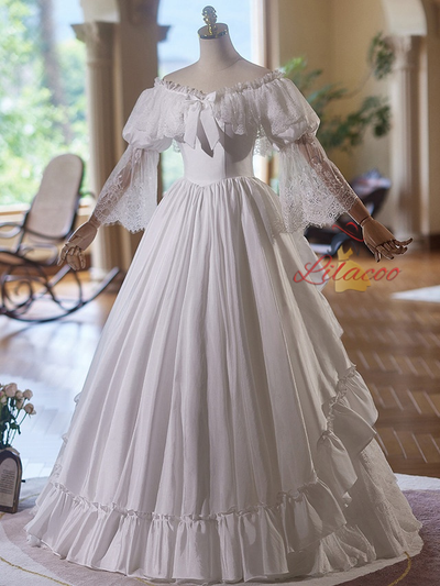 White Satin Lace Long Sleeve Wedding Dress