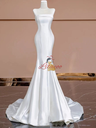White Mermaid Strapless Satin Button Wedding Dress