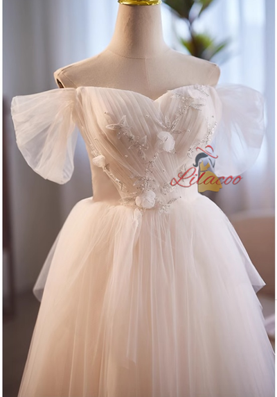 White Tulle Flower Pleats Wedding Dress