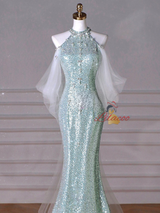 Green Mermaid Sequins Beading Backless Prom Dress