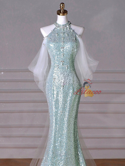 Green Mermaid Sequins Beading Backless Prom Dress