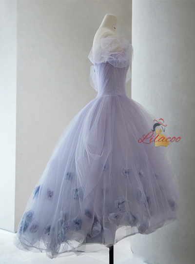 Purple Tulle Pleats Flower Short Prom Dress