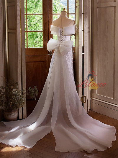 White Mermaid Sequins Bow Wedding Dress