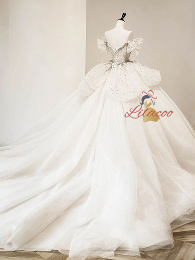 White Tulle Off the Shoulder Beading Wedding Dress