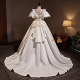 White Satin Puff Sleeve Flower Wedding Dress
