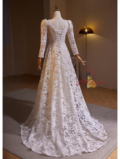 Simple White Lace Long Sleeve V-neck Wedding Dress