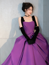 Purple Satin Straps Pleats Prom Dress