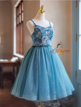 Blue Tulle Spaghetti Straps Homecoming Dress