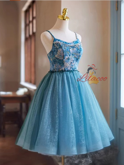 Blue Tulle Spaghetti Straps Homecoming Dress