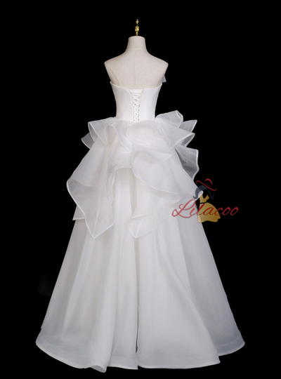 White Tulle Strapless Pleats Wedding Dress