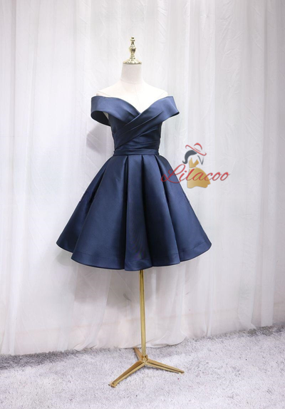 Navy Blue Satin Off the Shoulder Pleats Homecoming Dress