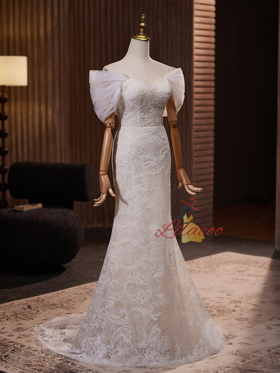 White Mermaid Lace Off the Shoulder Wedding Dress