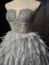 Gray Tulle Beading Feather Strapless Homecoming Dress