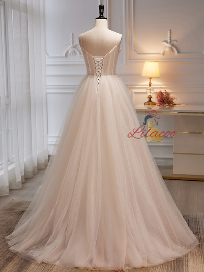 Ivory Tulle Spaghetti Straps Flower Wedding Dress