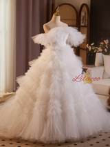White Ball Gown Tulle Tiers Wedding Dress