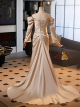 Champagne Mermaid Satin Pleats Wedding Dress
