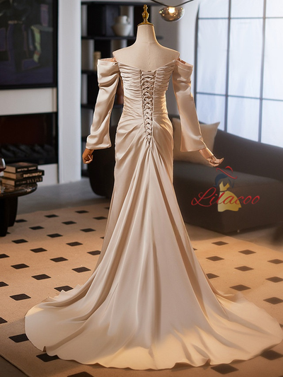 Champagne Mermaid Satin Pleats Wedding Dress