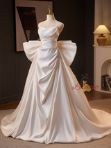 White Satin Strapless Bow Wedding Dress