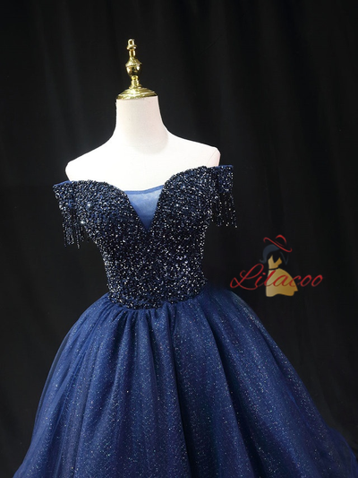 Navy Blue Tulle Off the Shoulder Beading Homecoming Dress
