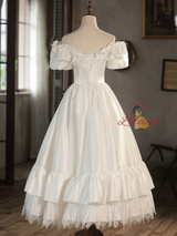 White Satin Lace Off the Shoulder Bow Wedding Dress