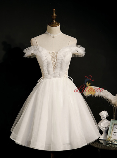 White Tulle Spaghetti Straps Pearls Homecoming Dress