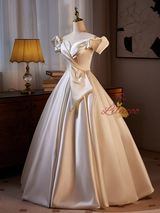 White Pleats Satin Off the Shoulder Wedding Dress