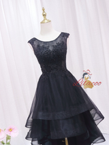 Black Tulle Appliques Beading Hi Lo Prom Dress