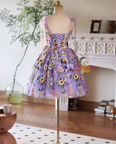 Purple Tulle Flower Straps Homecoming Dress