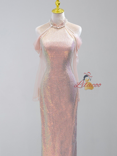 Pink Mermaid Sequins Short Prom Dress