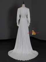 White Satin Long Sleeve V-neck Wedding Dress