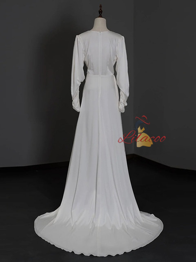 White Satin Long Sleeve V-neck Wedding Dress