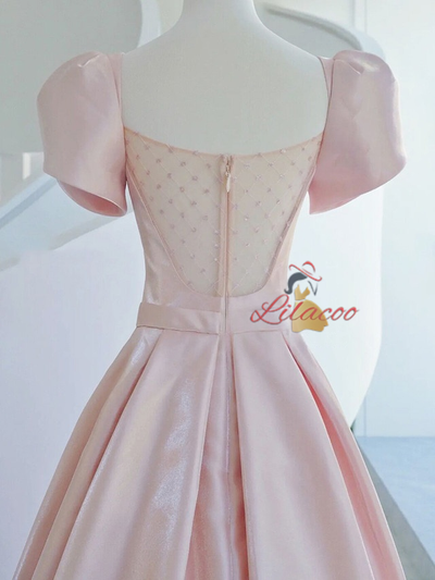 Pink Satin Puff Sleeve Bow Prom Dress