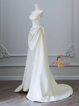Ivory Satin Off the Shoulder Pleats Wedding Dress