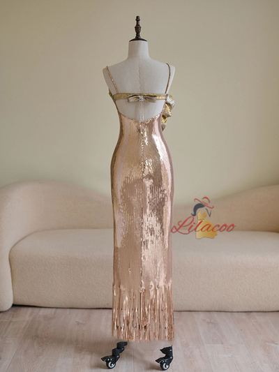 Champagne Sequins Spaghetti Straps Prom Dress