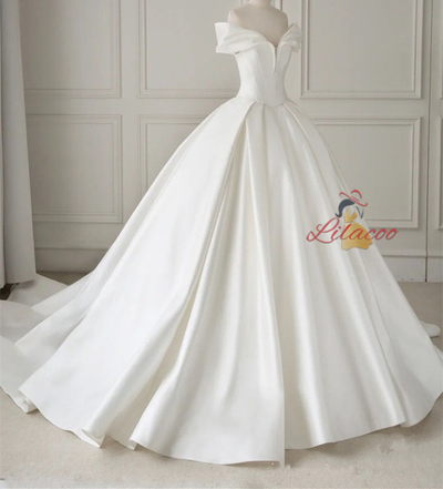 White Satin Off the Shoulder Wedding Dress