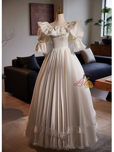 White Satin Lace Puff Sleeve Wedding Dress