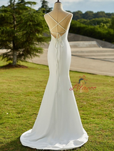 White Mermaid Spaghetti Straps Back Wedding Dress