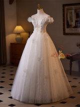 White Tulle Sequins Appliques Wedding Dress