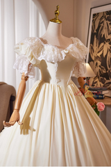 Vintage Champagne Satin Lace Short Sleeve Wedding Dress