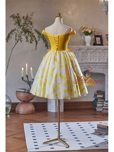 Yellow Off the Shoulder Bow Homecoming Dress