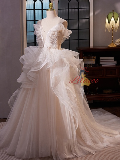 White Tulle Spaghetti Straps Wedding Dress