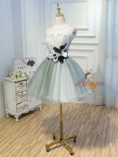 Gray Tulle 3D Appliques Homecoming Dress