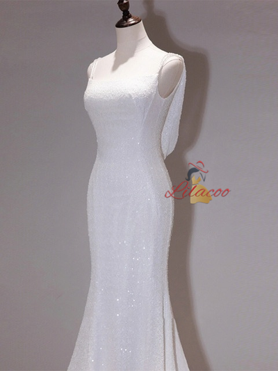 White Mermaid Straps Sequins Wedding Dress