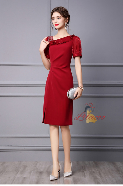 Short Sleeve Pleats Beading Mother Of The Bride Dress