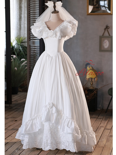 White Satin Lace V-neck Wedding Dress