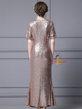 Champagne Sequins Short Sleeve Mother Of The Bride Dress